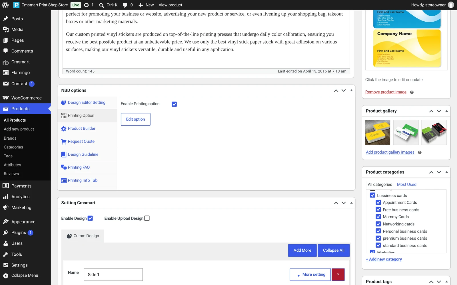 NBD options box on a product edit screen with Design Editor Setting, Printing Option, Product Builder and Request Quote tabs