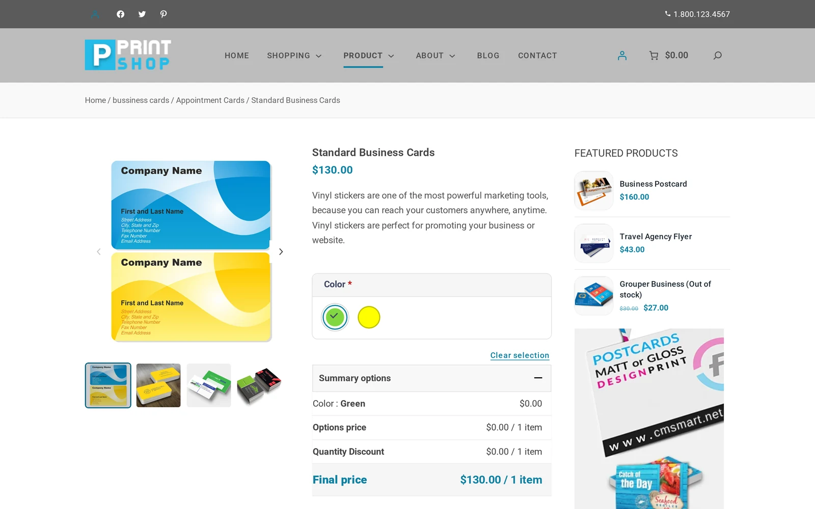 Storefront product page for Standard Business Cards with price, color options and a Start Design button