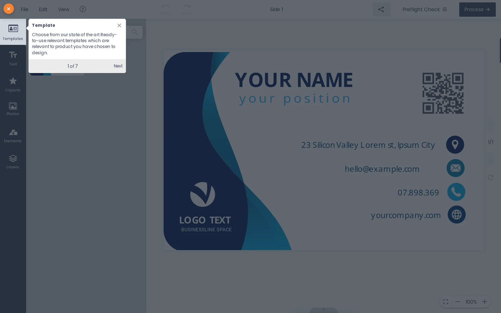 Cmsmart Product Designer open on a business card template, with Templates, Text, Cliparts, Photos, Elements and Layers tools, and Preflight Check and Process buttons