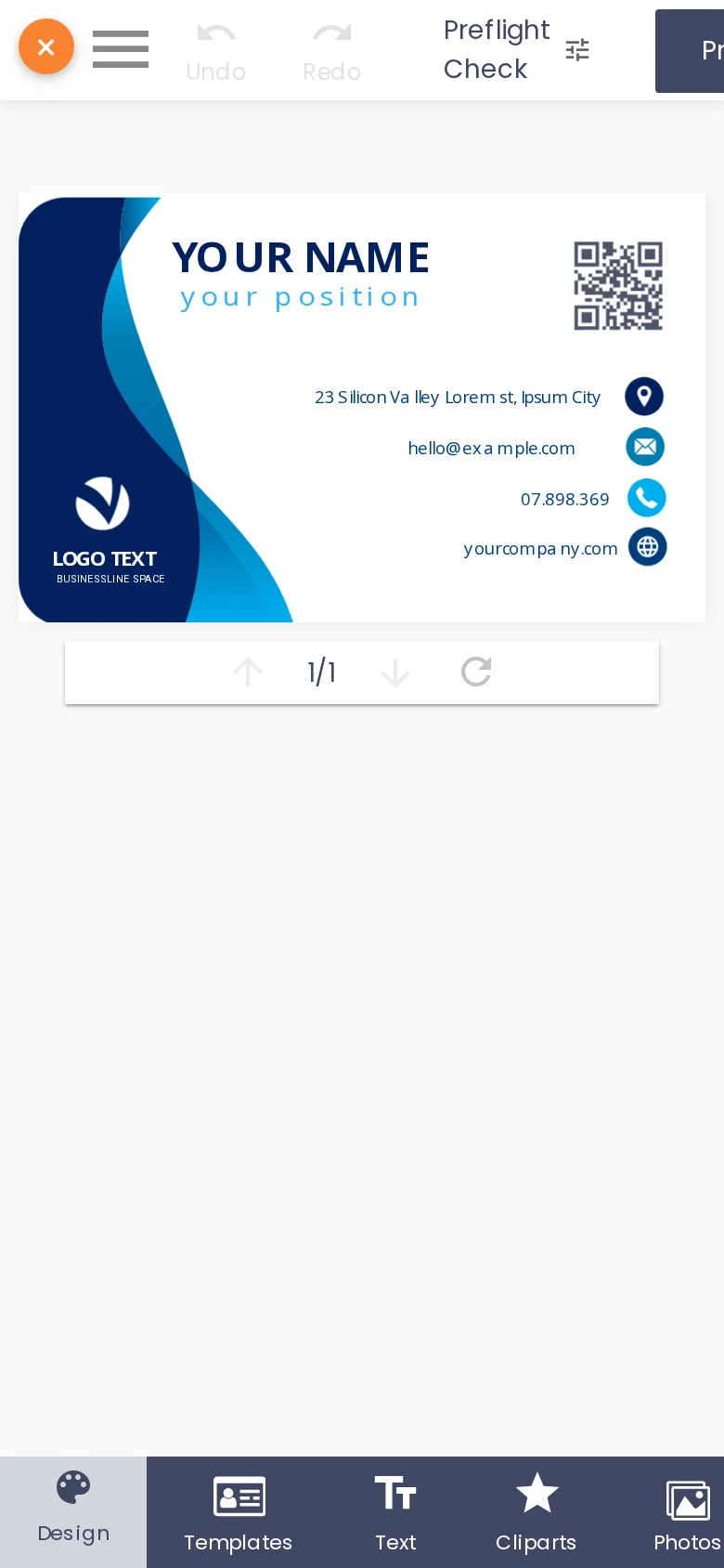 Cmsmart Product Designer open on the same business card template on a phone, with the mobile toolbar for Design, Templates, Text, Cliparts and Photos