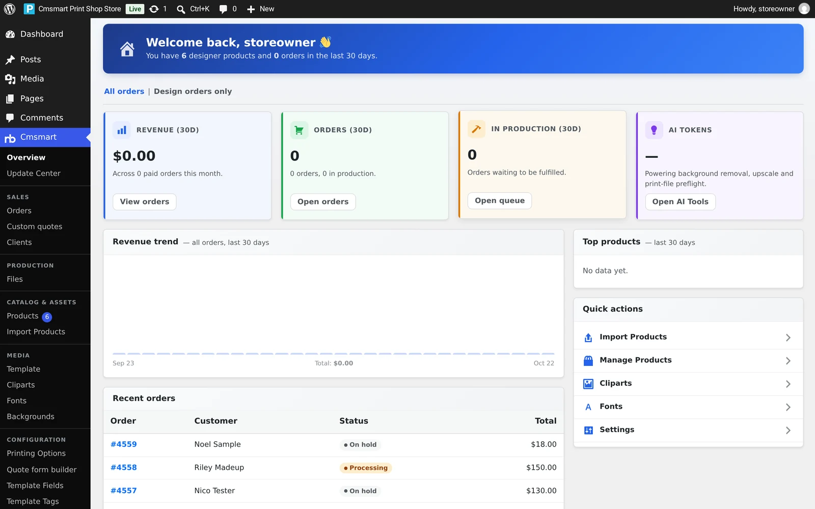 Cmsmart Overview admin screen with revenue, orders, in-production and AI token stat cards, a revenue trend chart, top products and recent orders