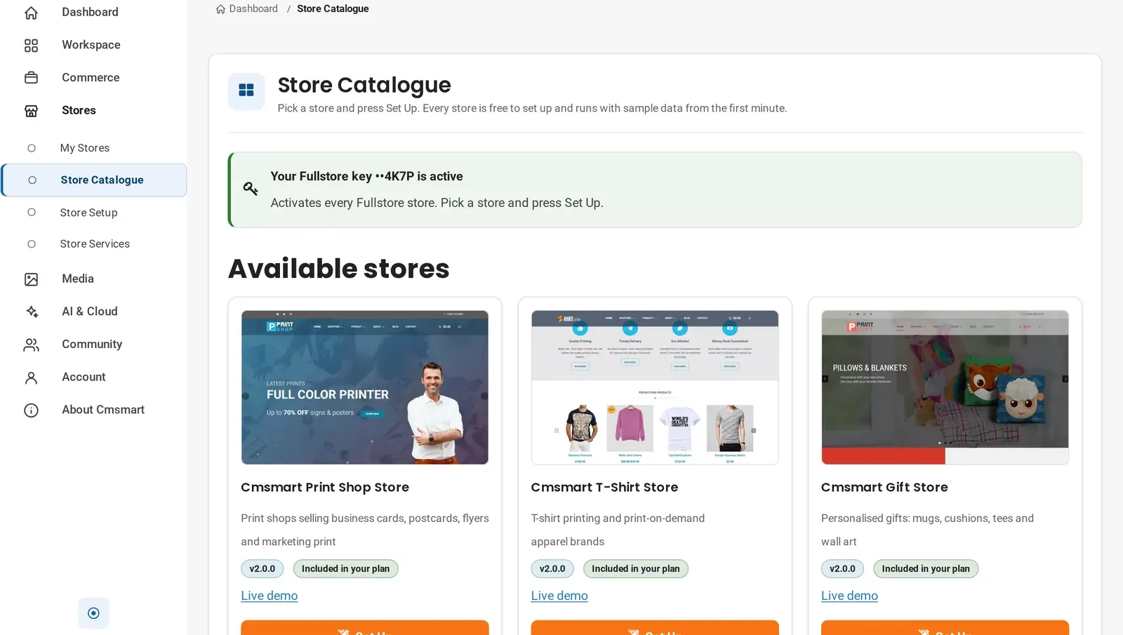Cmsmart Print Shop Store tile in the dashboard Store Catalogue, the starting point for an online print shop WooCommerce setup, marked v2.0.0 and Included in your plan