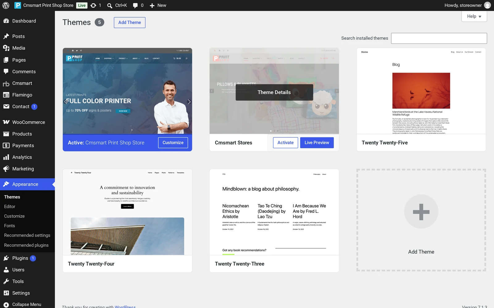 WordPress Appearance Themes screen showing Cmsmart Print Shop Store active and the Cmsmart Stores parent theme installed alongside it