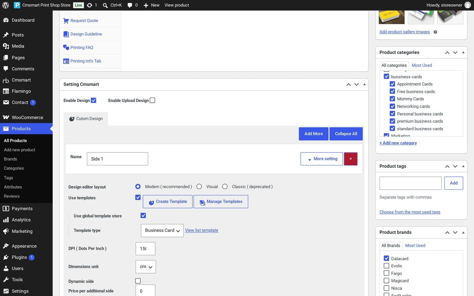 Cmsmart Product Designer Setting Cmsmart box on a product edit screen, with Enable Design on, Modern editor layout and DPI 150