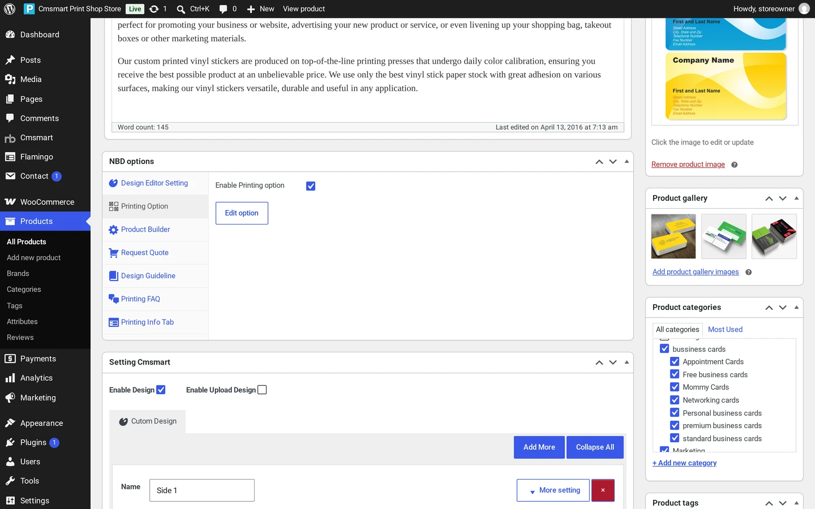 NBD options box on a product edit screen with Design Editor Setting, Printing Option, Product Builder and Request Quote tabs