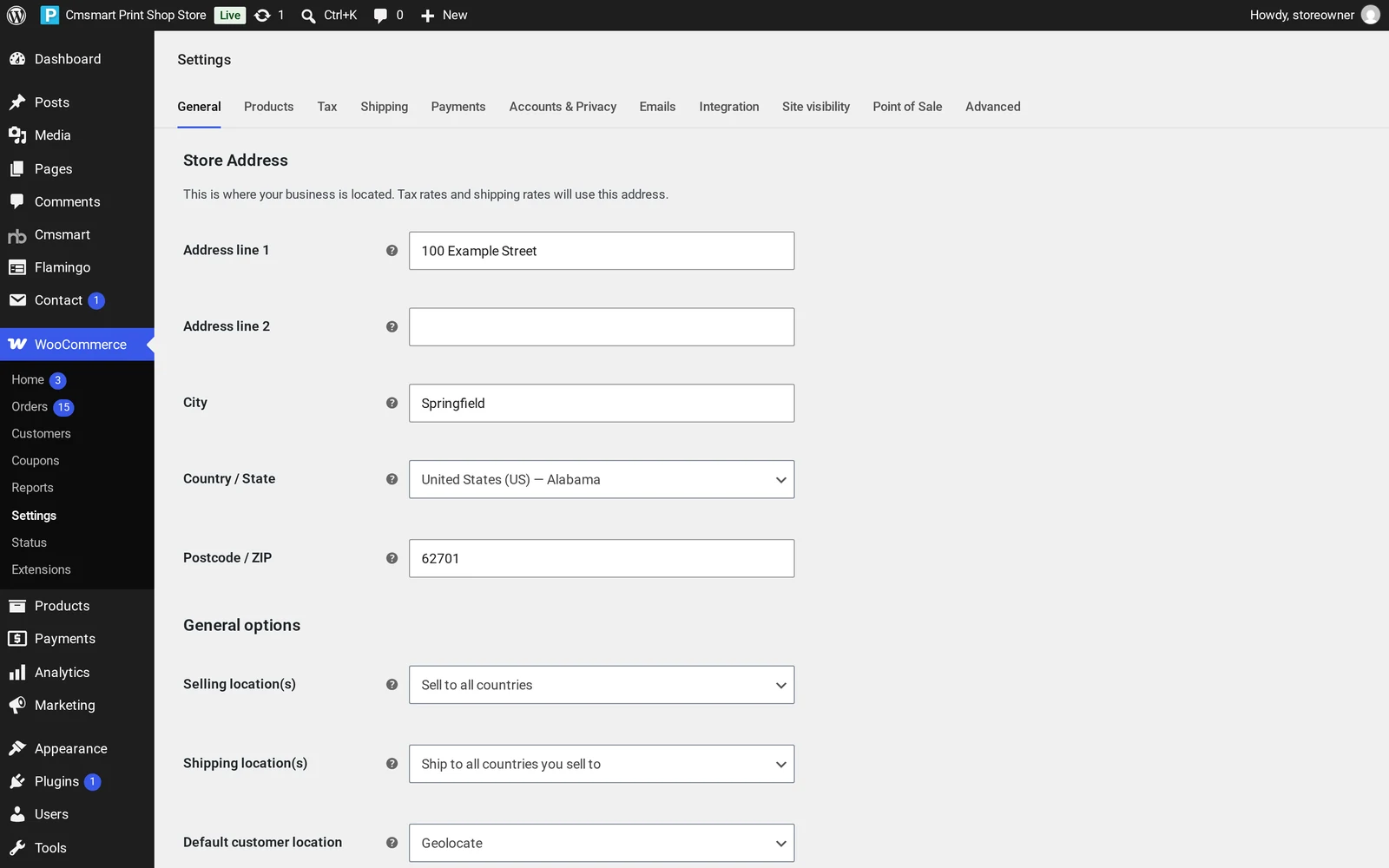 WooCommerce Settings General screen with store address, selling locations and currency options