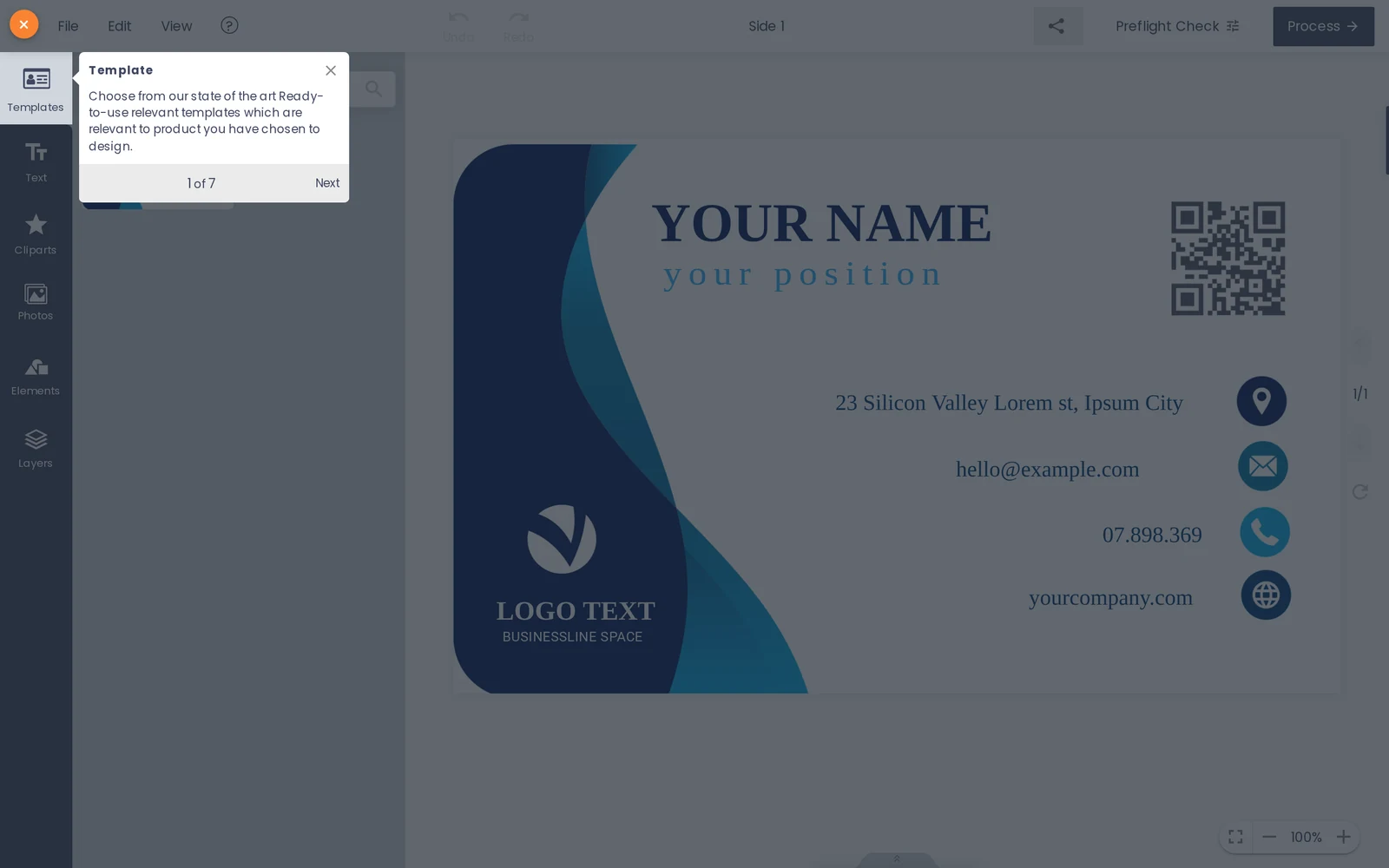 Cmsmart Product Designer open on a business card, with Templates, Text, Cliparts, Photos, Elements and Layers tools, and Preflight Check and Process buttons