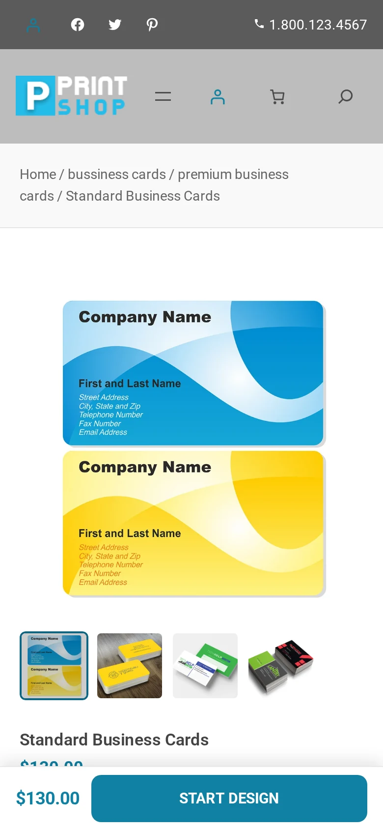 Mobile product page for Standard Business Cards with price and a Start Design button