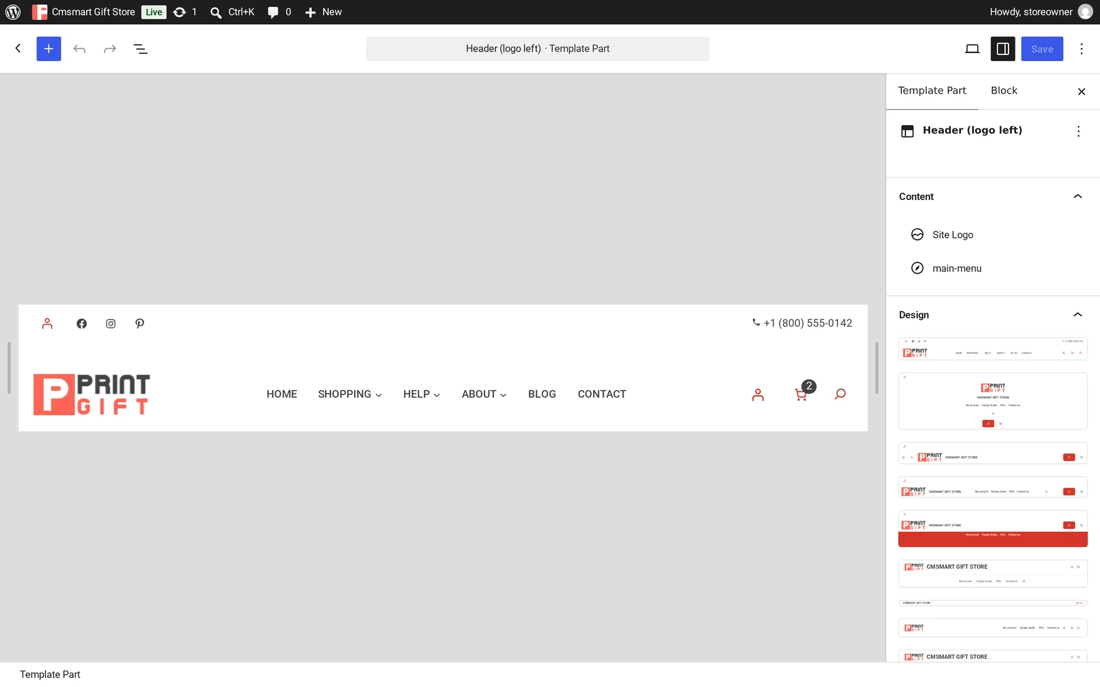 Site Editor template part editor open on the Header (logo left) pattern with Site Logo and main menu blocks, rebranding a WooCommerce gift store
