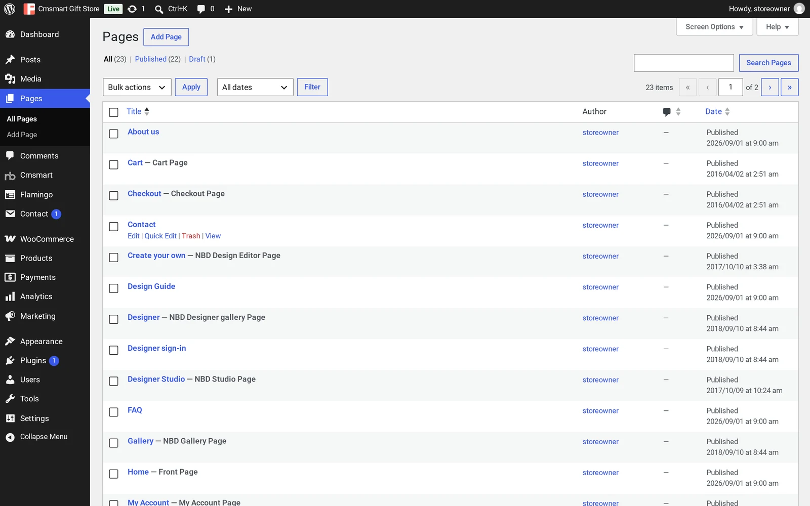 WordPress Pages list showing 23 imported pages including Home, Shop, Cart, Checkout and designer pages for a personalized gift store