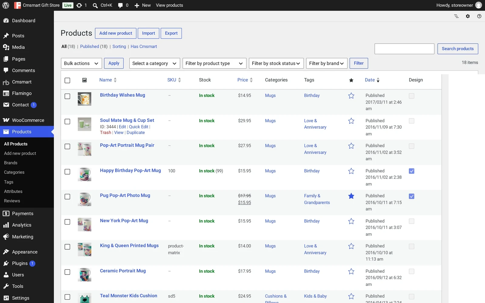 WooCommerce Products list showing the Cmsmart Gift Store sample catalogue of mugs and cushions with prices, categories and a Design column