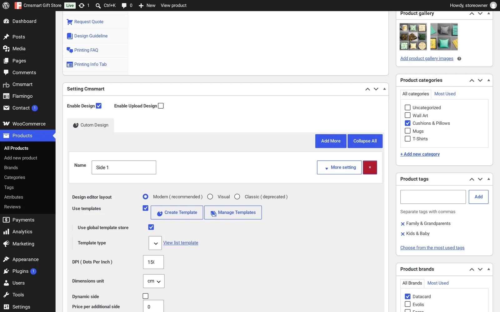 Setting Cmsmart box in the WooCommerce product editor showing Enable Design turned on and the Modern design editor layout for the Cmsmart Product Designer