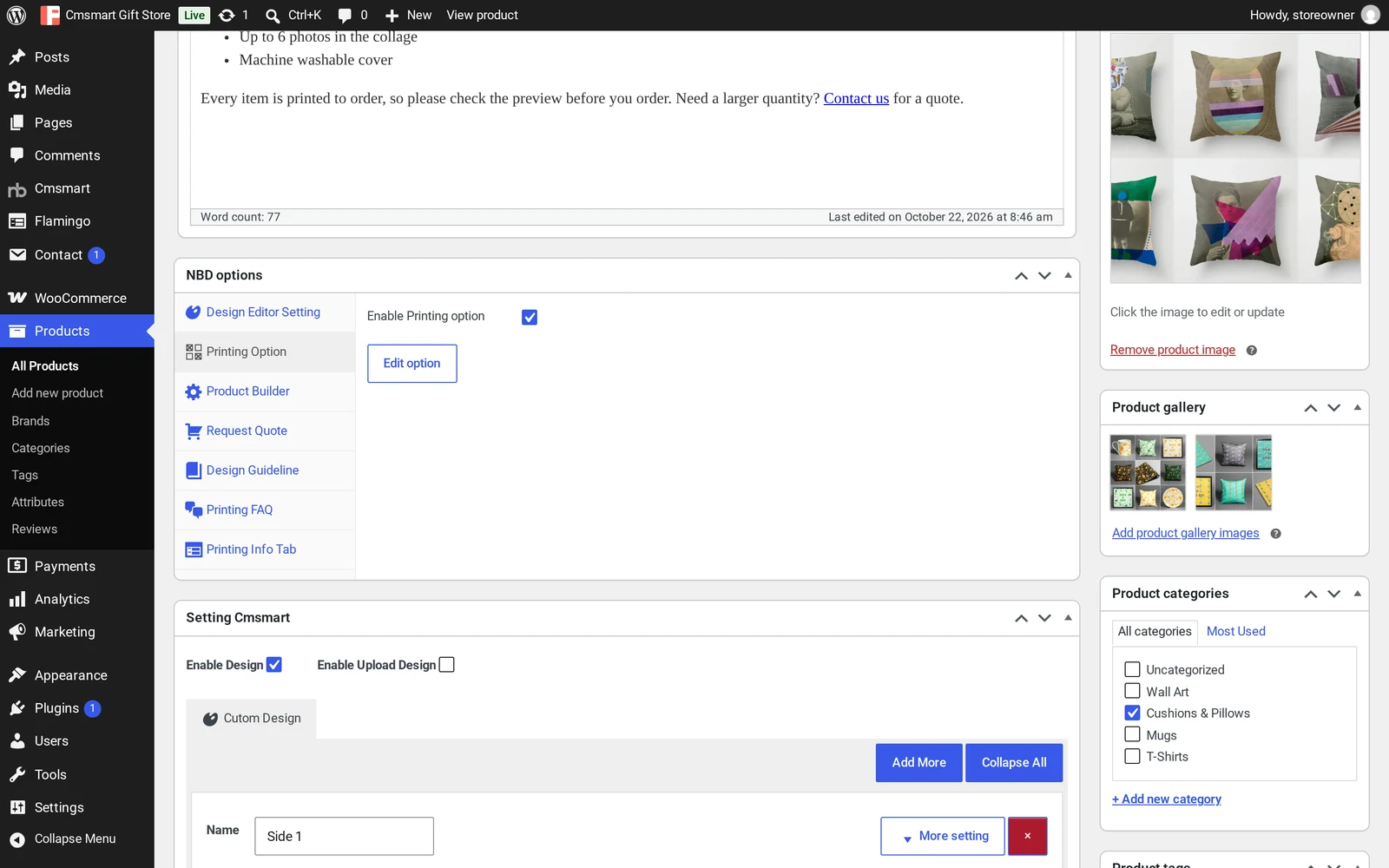 NBD options Printing Option panel with Enable Printing option checked and an Edit option button for the product's price matrix