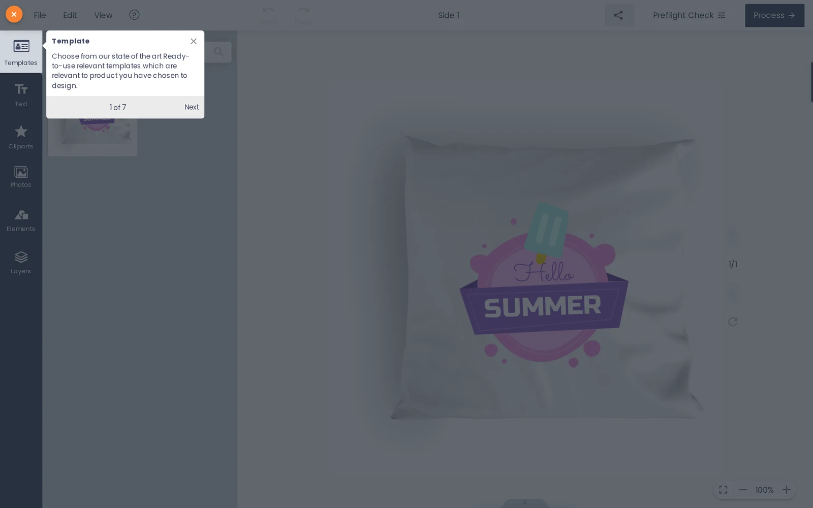 Cmsmart Product Designer open on a pillow product with a seasonal template applied, Templates Text Cliparts Photos Elements and Layers tools and a Preflight Check button