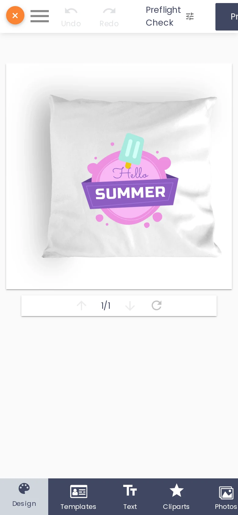 Cmsmart Product Designer open on the same personalized pillow on a phone screen, with the seasonal template, Undo, Redo and Preflight Check