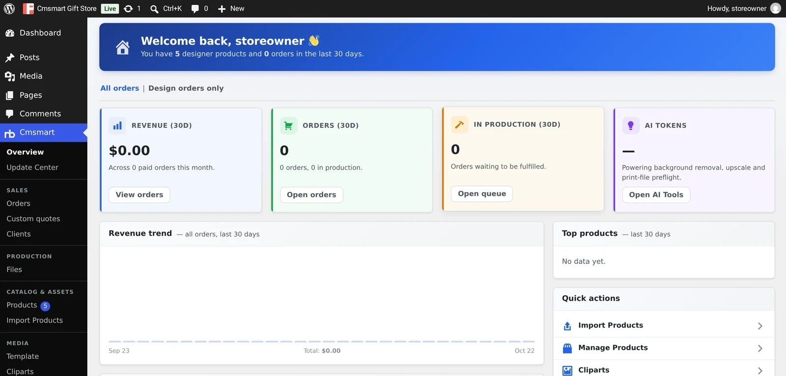 Cmsmart Overview dashboard in wp-admin showing revenue, orders and in-production stat cards, a revenue trend chart and quick actions for a WooCommerce gift store