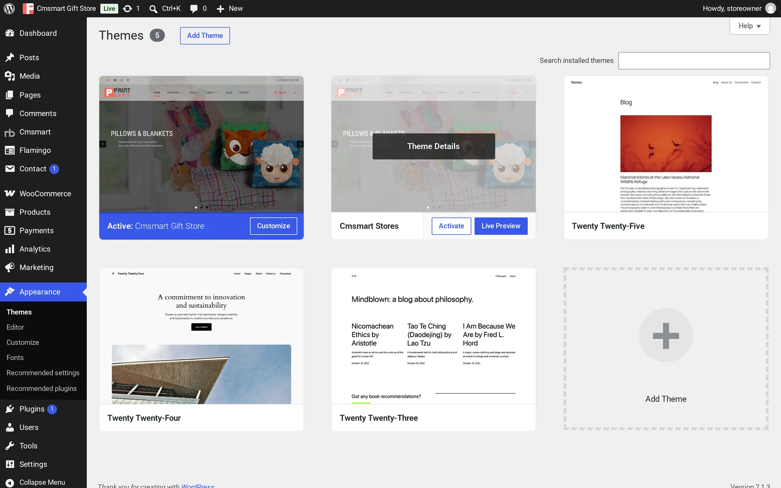Appearance Themes screen showing Cmsmart Gift Store active next to its parent Cmsmart Stores theme, part of a WooCommerce personalized gift store setup