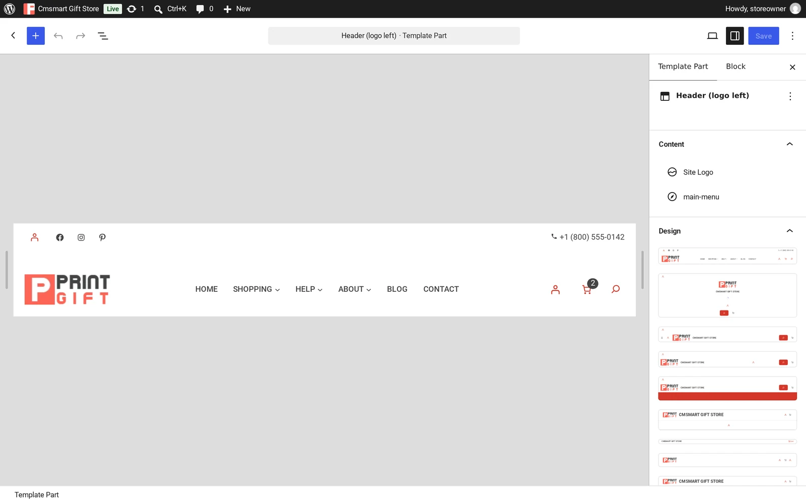 Site Editor template part editor open on the Header (logo left) pattern with Site Logo and main menu blocks, rebranding a WooCommerce gift store