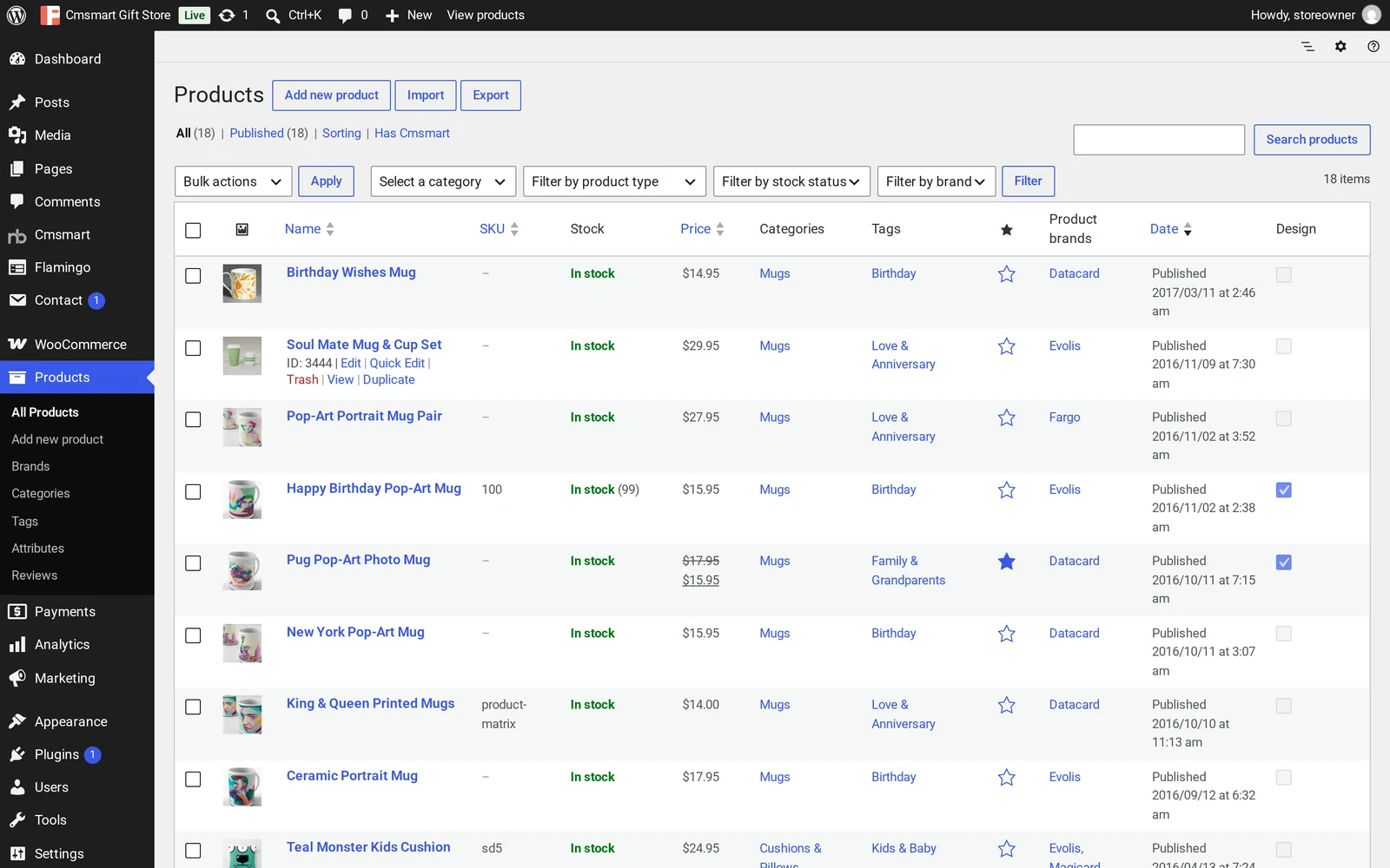 WooCommerce Products list showing the Cmsmart Gift Store sample catalogue of mugs and cushions with prices, categories and a Design column