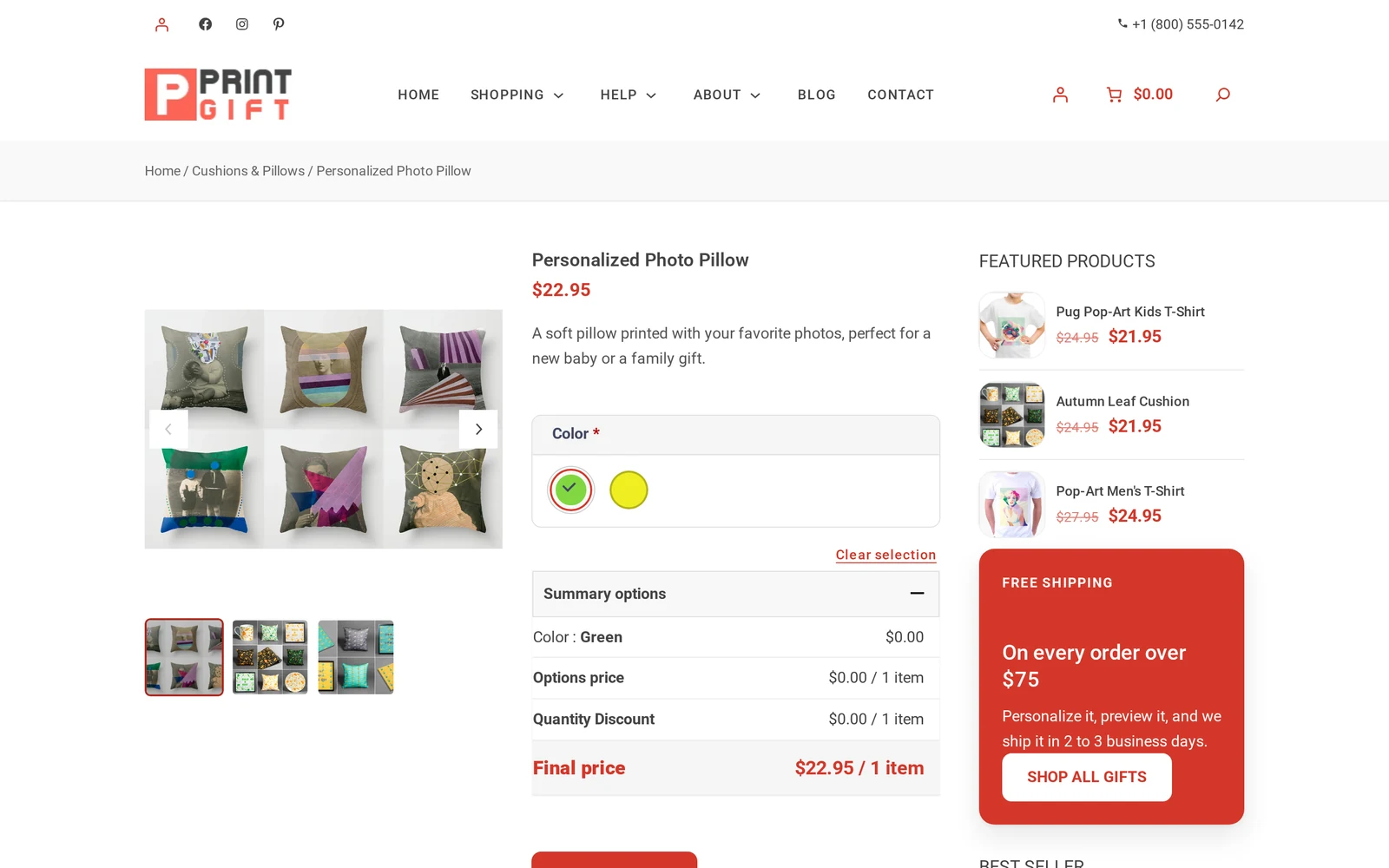 Storefront product page for a personalized gift store WooCommerce setup, showing colour options, a live price summary and featured products
