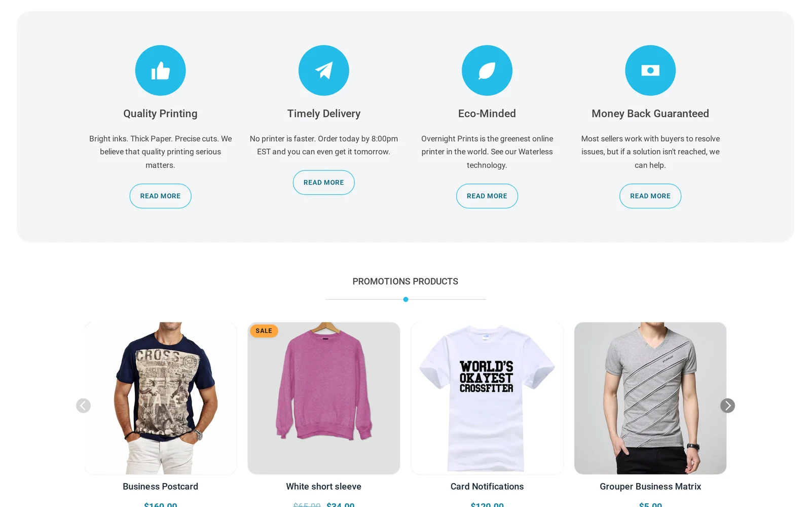 Cmsmart custom t-shirt store WooCommerce setup homepage showing the trust strip and sample promotions products