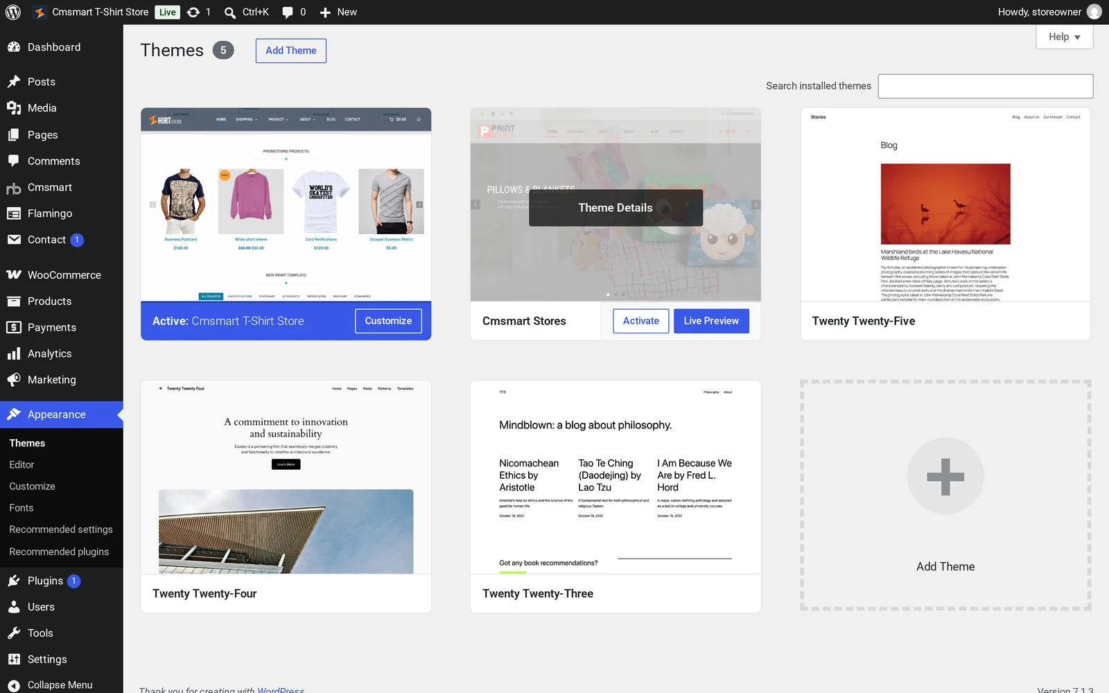 WordPress Appearance Themes screen showing Cmsmart T-Shirt Store 2.0.1 active next to its parent theme Cmsmart Stores