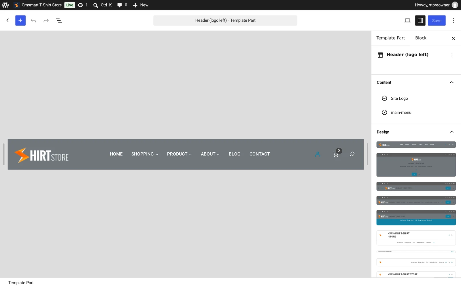 WordPress Site Editor open on the Header template part showing the Site Logo block and main menu of the Cmsmart T-Shirt Store