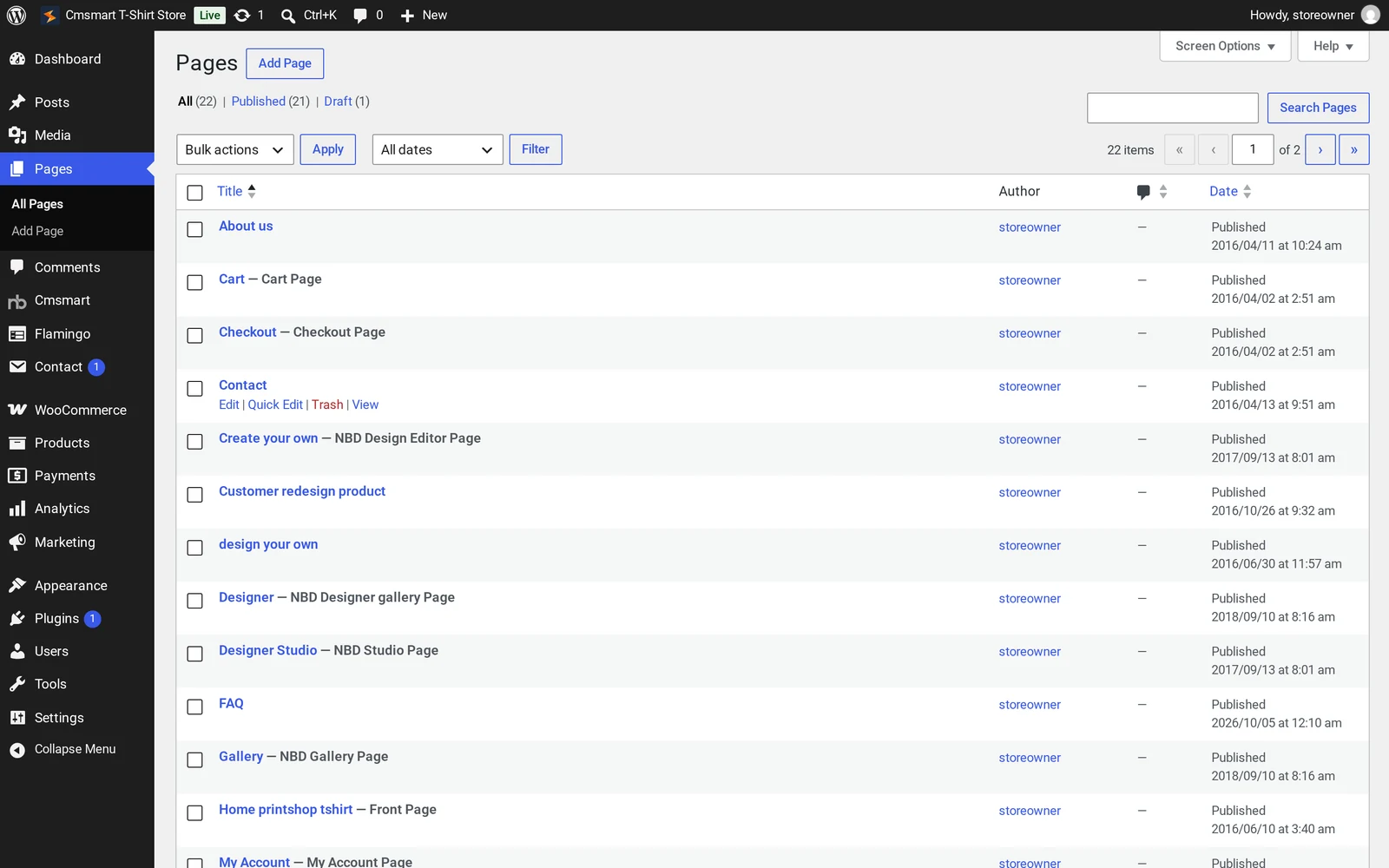 WordPress Pages list showing Home, Shop, Cart, Checkout, My Account and About pages imported by Store Setup v2