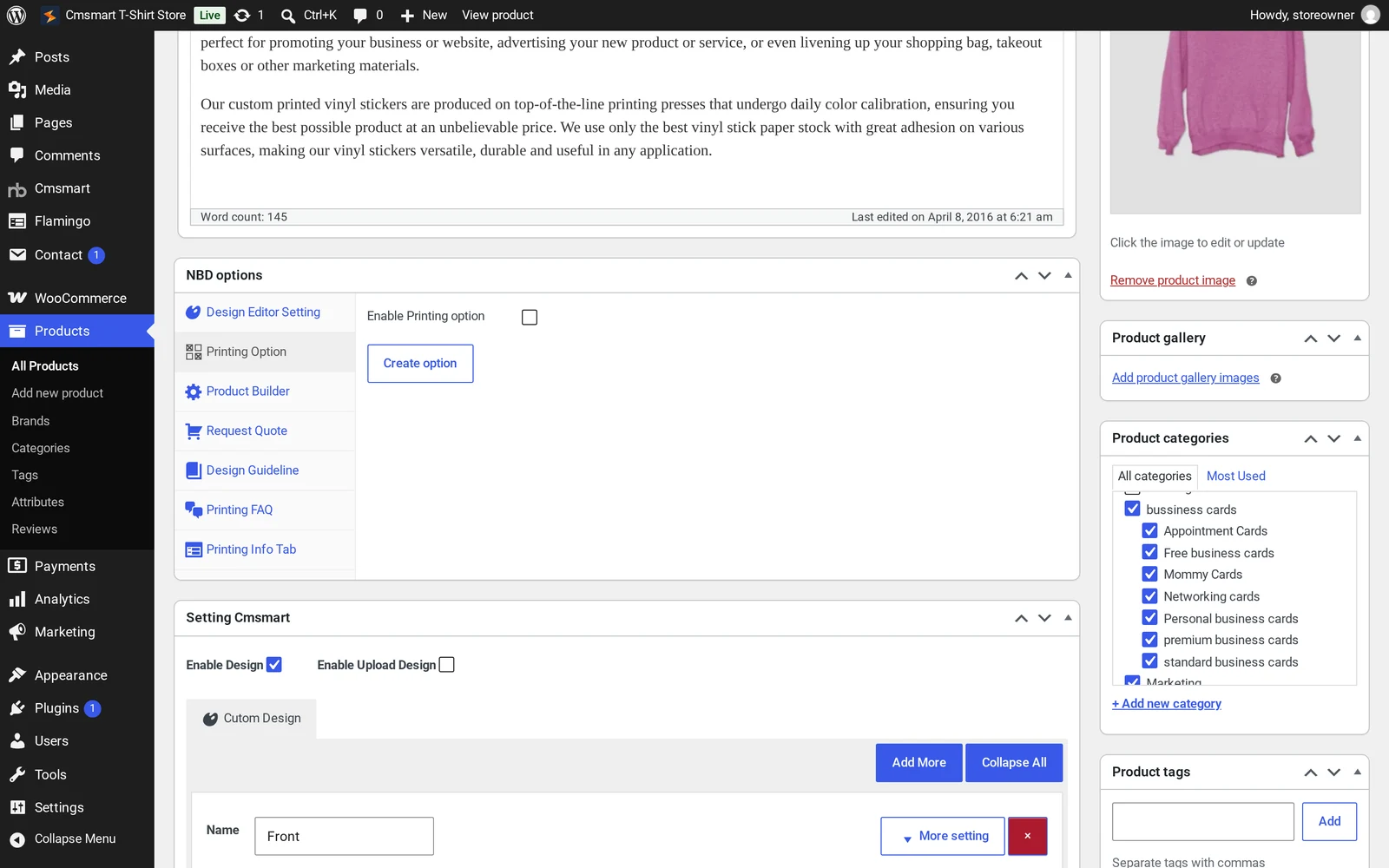 Product edit screen NBD options box with Printing Option tab selected, showing the Enable Printing option checkbox and Create option button
