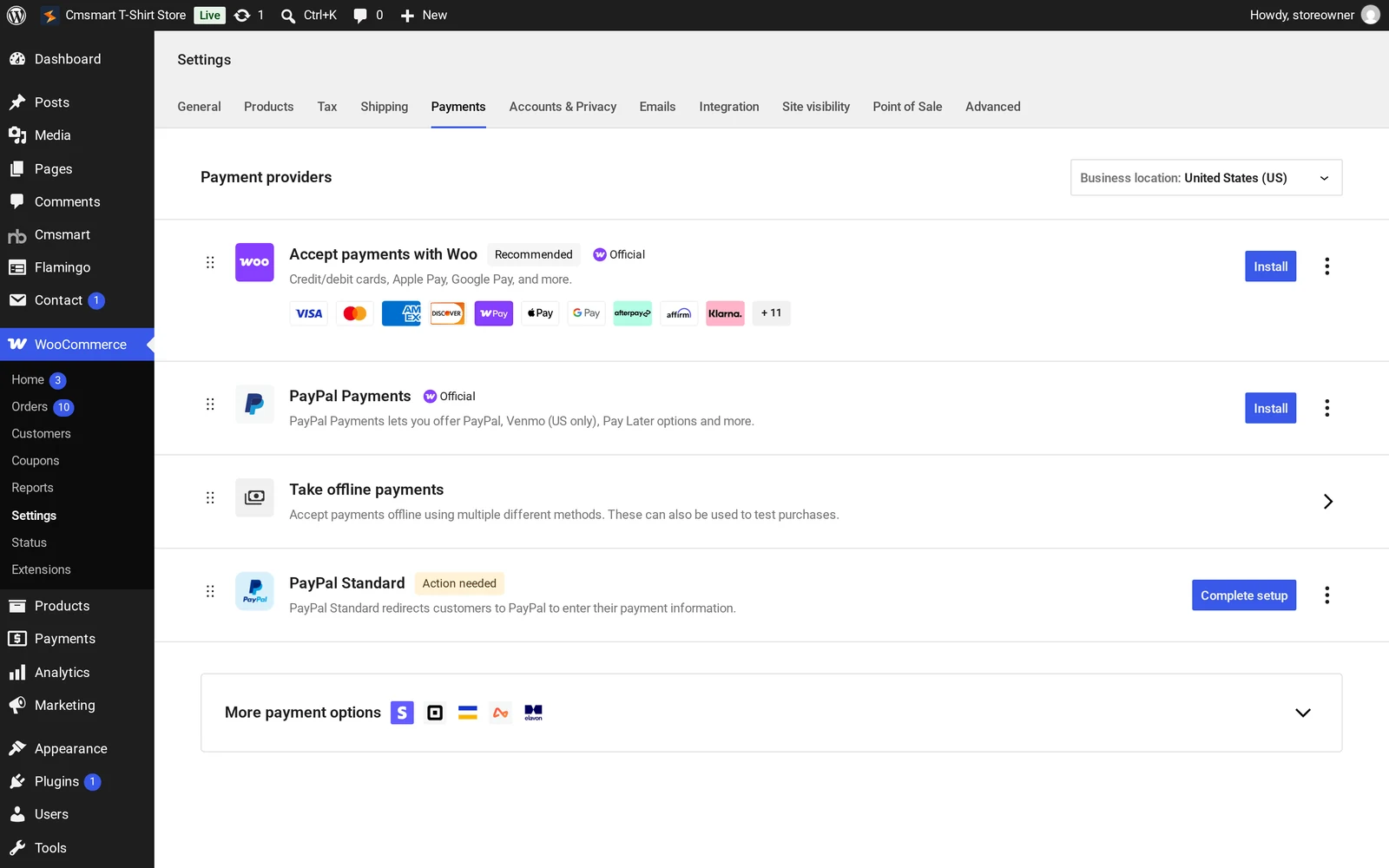 WooCommerce Settings Payments tab listing Woo payments, PayPal Payments and offline payments