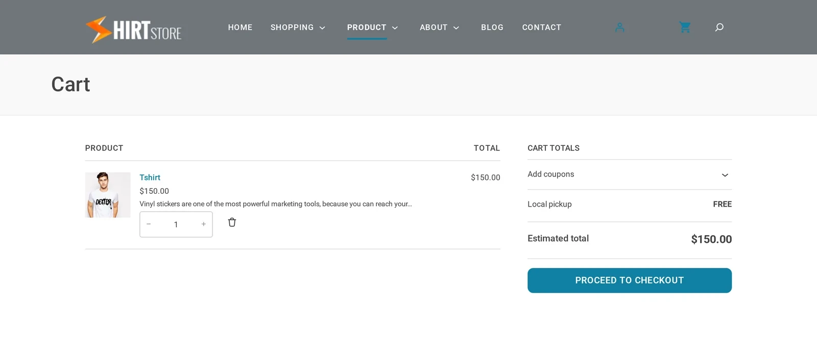 WooCommerce cart page showing one designed product, quantity selector and proceed to checkout button