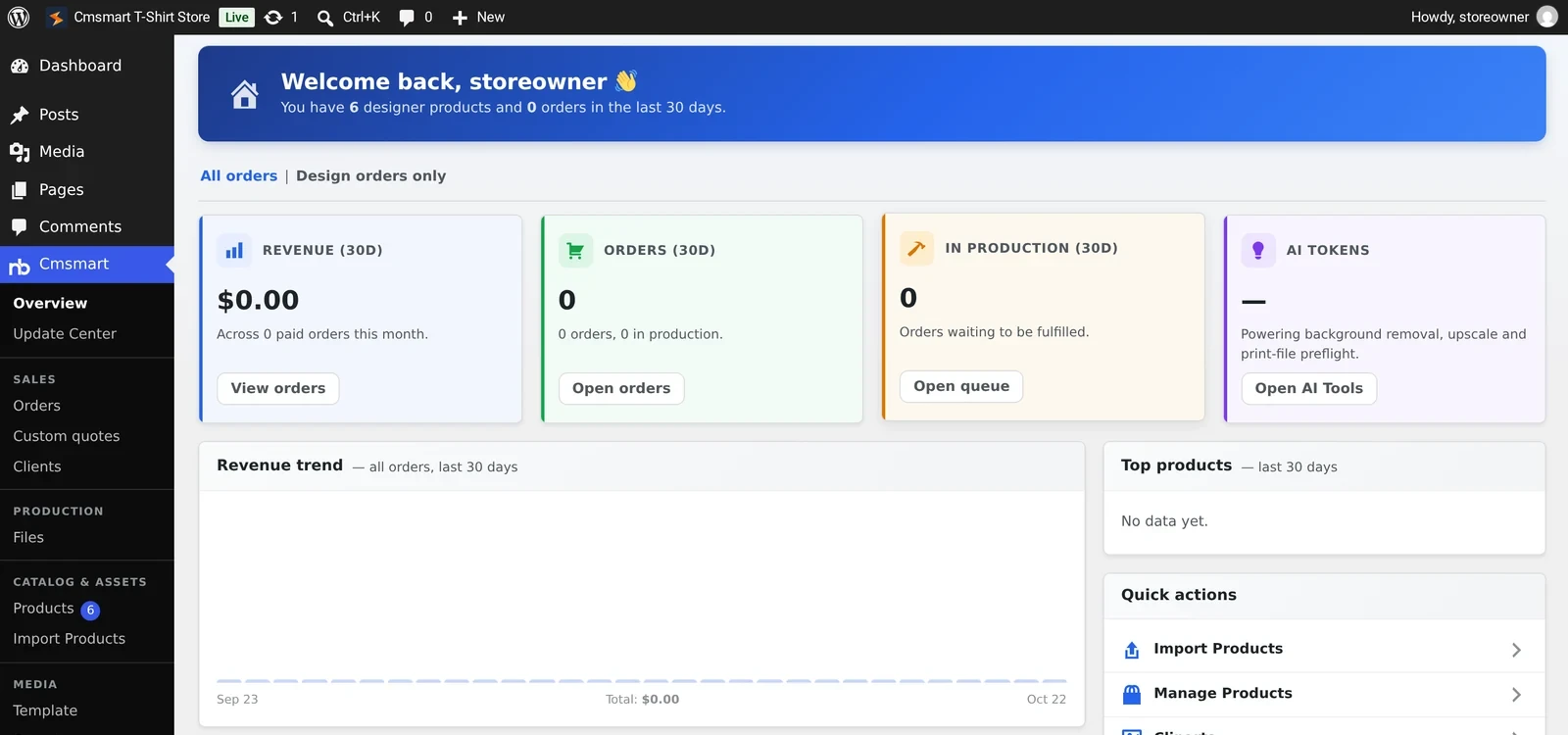 Cmsmart Overview dashboard in WordPress admin showing revenue, orders, in production and AI token stat cards plus a revenue trend chart