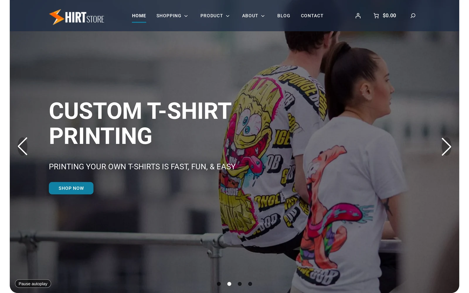 Cmsmart custom t-shirt store WooCommerce setup homepage with hero banner and shop navigation