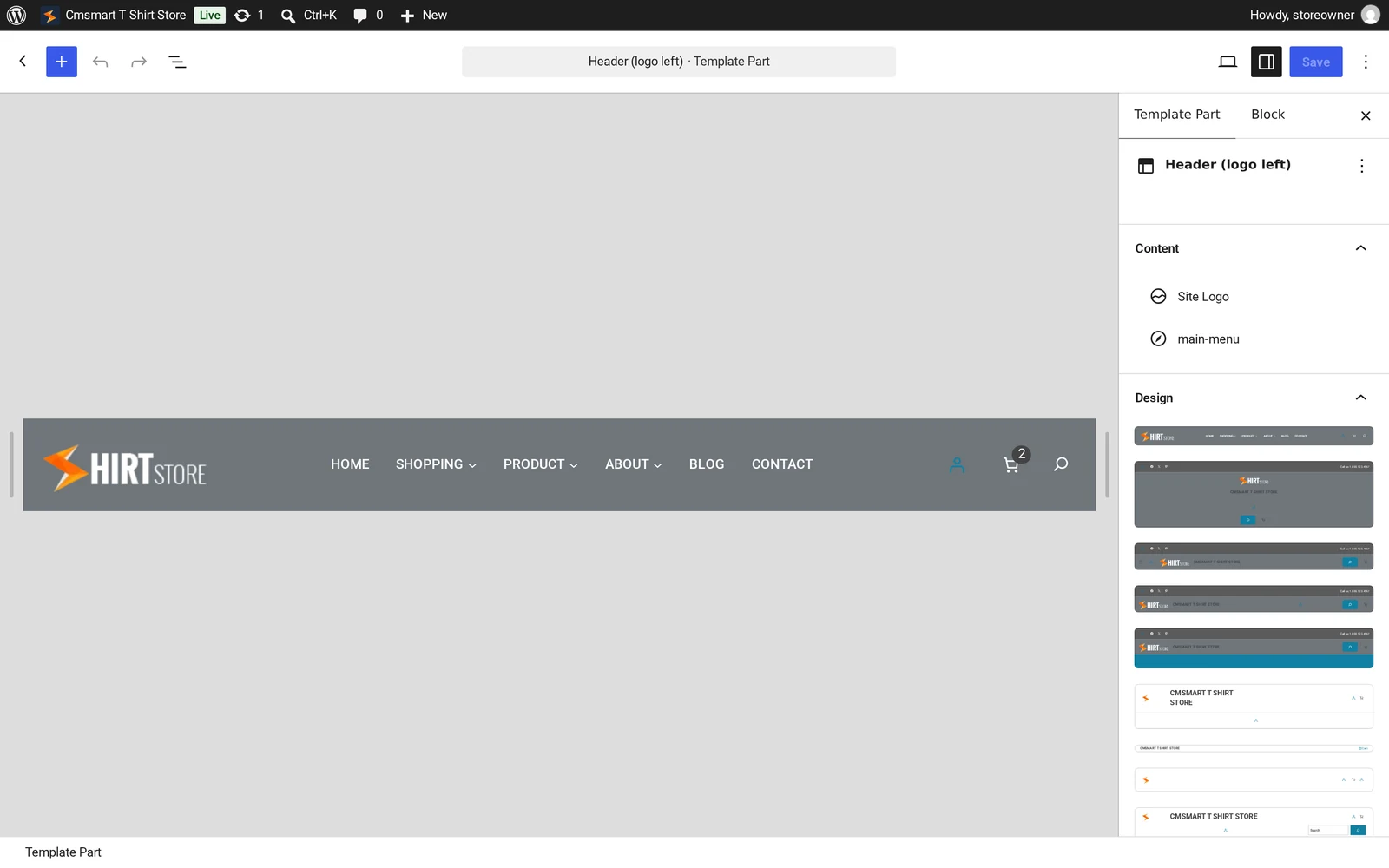 WordPress Site Editor open on the Header template part showing the Site Logo block and main menu of the Cmsmart T-Shirt Store
