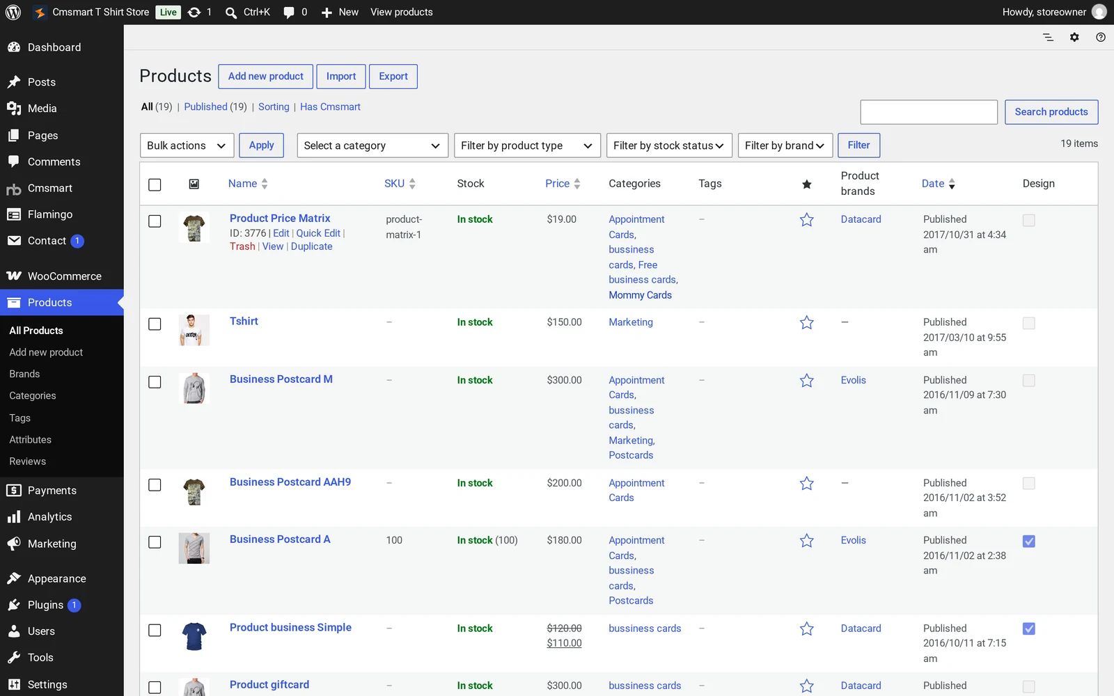 WooCommerce Products list showing the sample catalogue of the Cmsmart T-Shirt Store with images, prices and categories