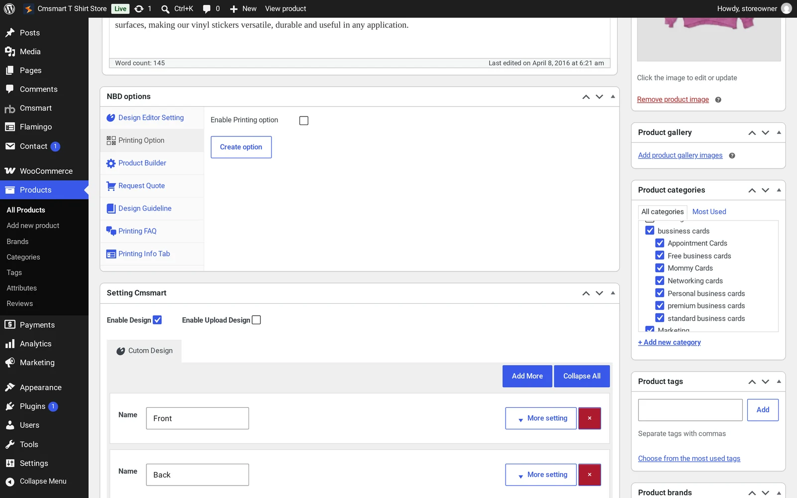 Product edit screen NBD options box with Printing Option tab selected, showing the Enable Printing option checkbox and Create option button