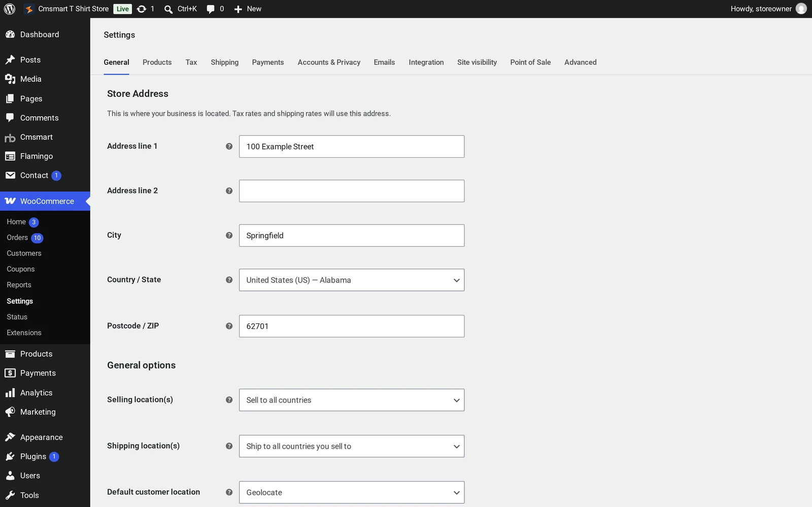 WooCommerce Settings General tab showing store address fields and selling and shipping location options