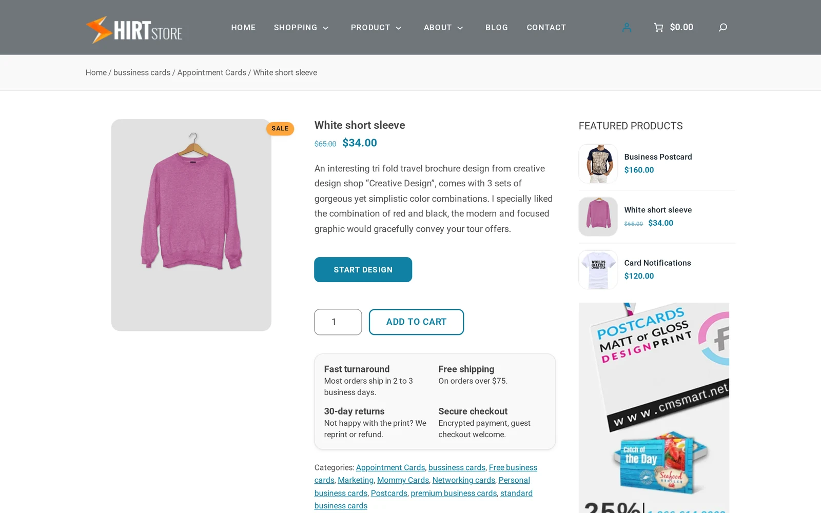 Cmsmart T-Shirt Store product page with a Start Design button, price and add to cart for a designable apparel product