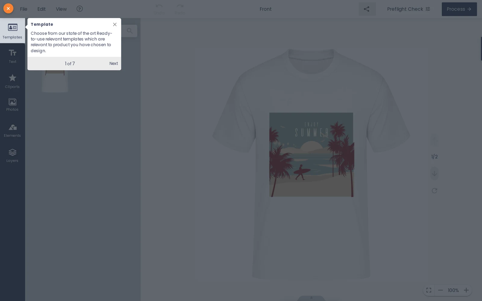Cmsmart Product Designer open on a t-shirt front print area with the Templates panel and a first-use tour tip