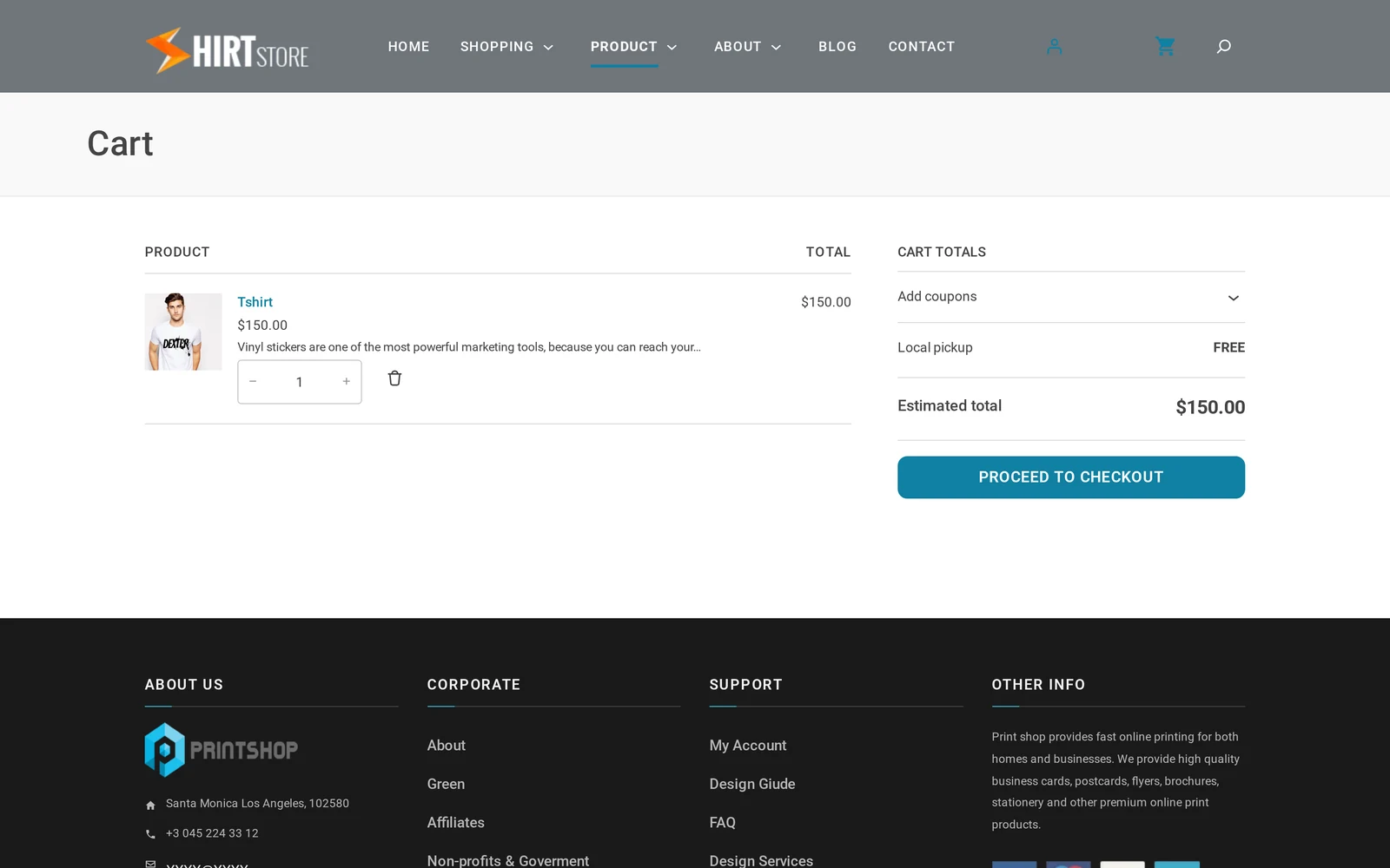 WooCommerce cart page showing one designed product, quantity selector and proceed to checkout button