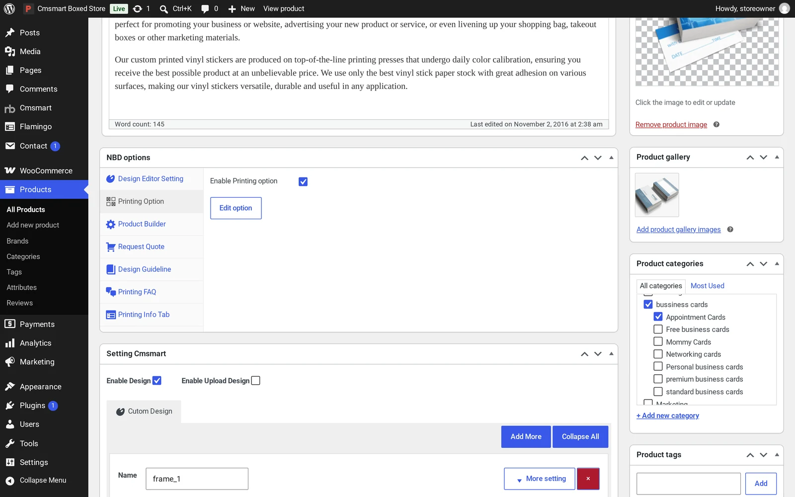 Cmsmart NBD options tab on a product, with Printing Option, Request Quote, Design Guideline and Printing FAQ