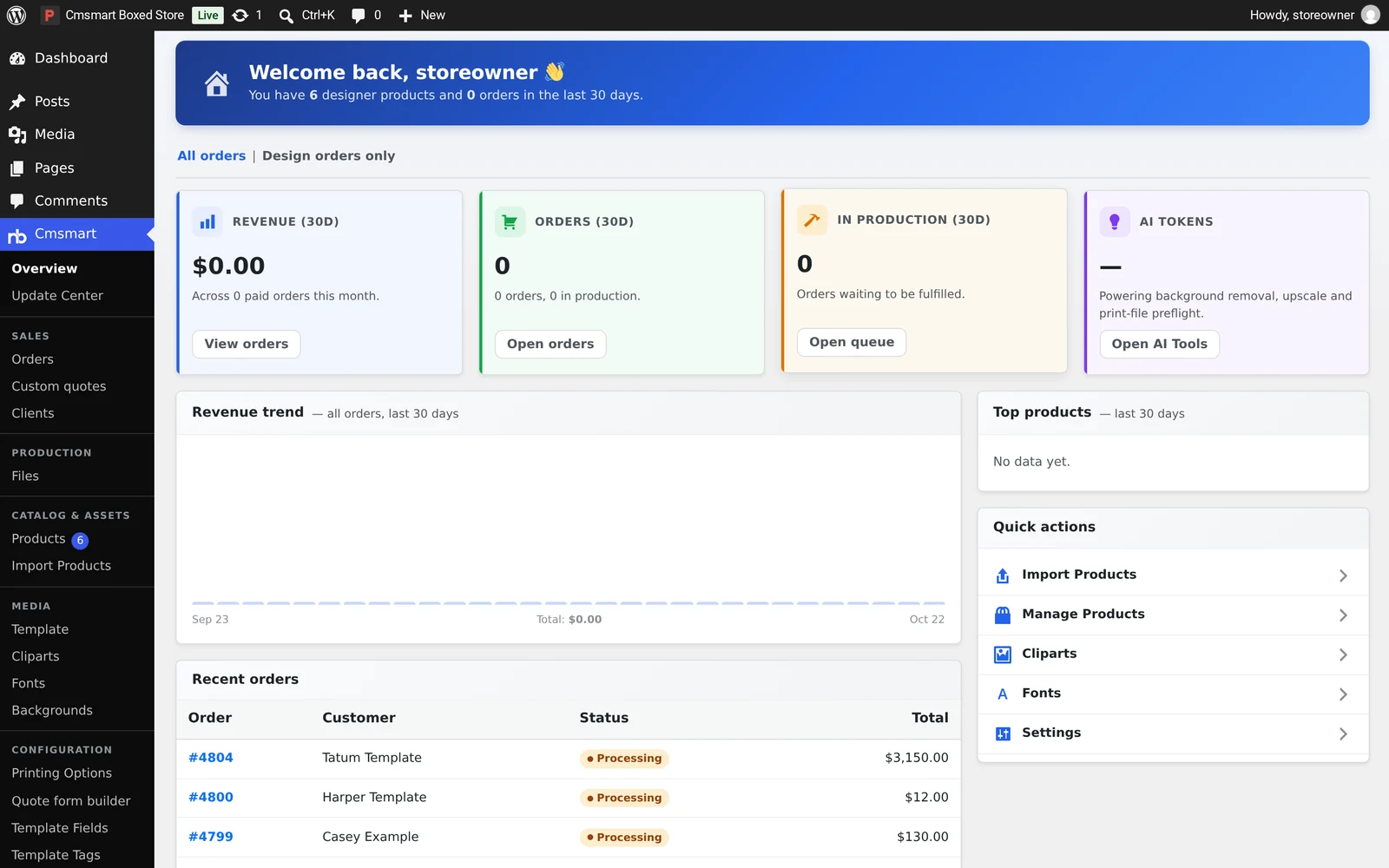 Cmsmart Overview admin dashboard with revenue, orders and in-production stat cards, a revenue trend chart and top products