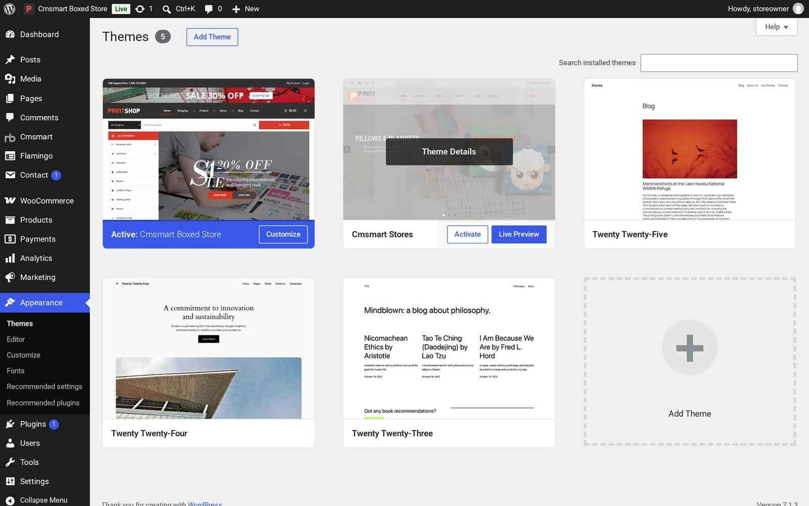 Cmsmart Boxed Store active in Appearance Themes with its Cmsmart Stores parent theme installed