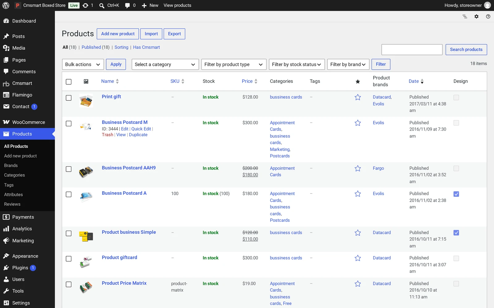 WooCommerce Products list showing the Cmsmart Boxed Store sample catalogue after demo import