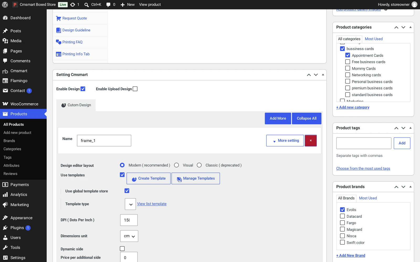 Cmsmart Product Designer settings tab on a WooCommerce product, with design editor layout, templates and DPI