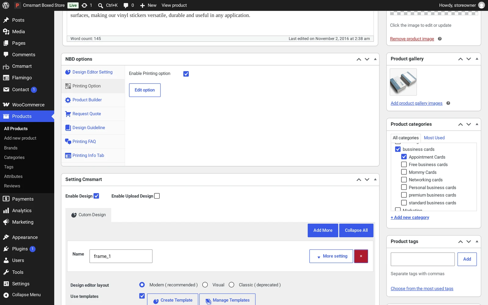 Cmsmart printing options tab on a product, with Request Quote, Design Guideline and Printing FAQ links