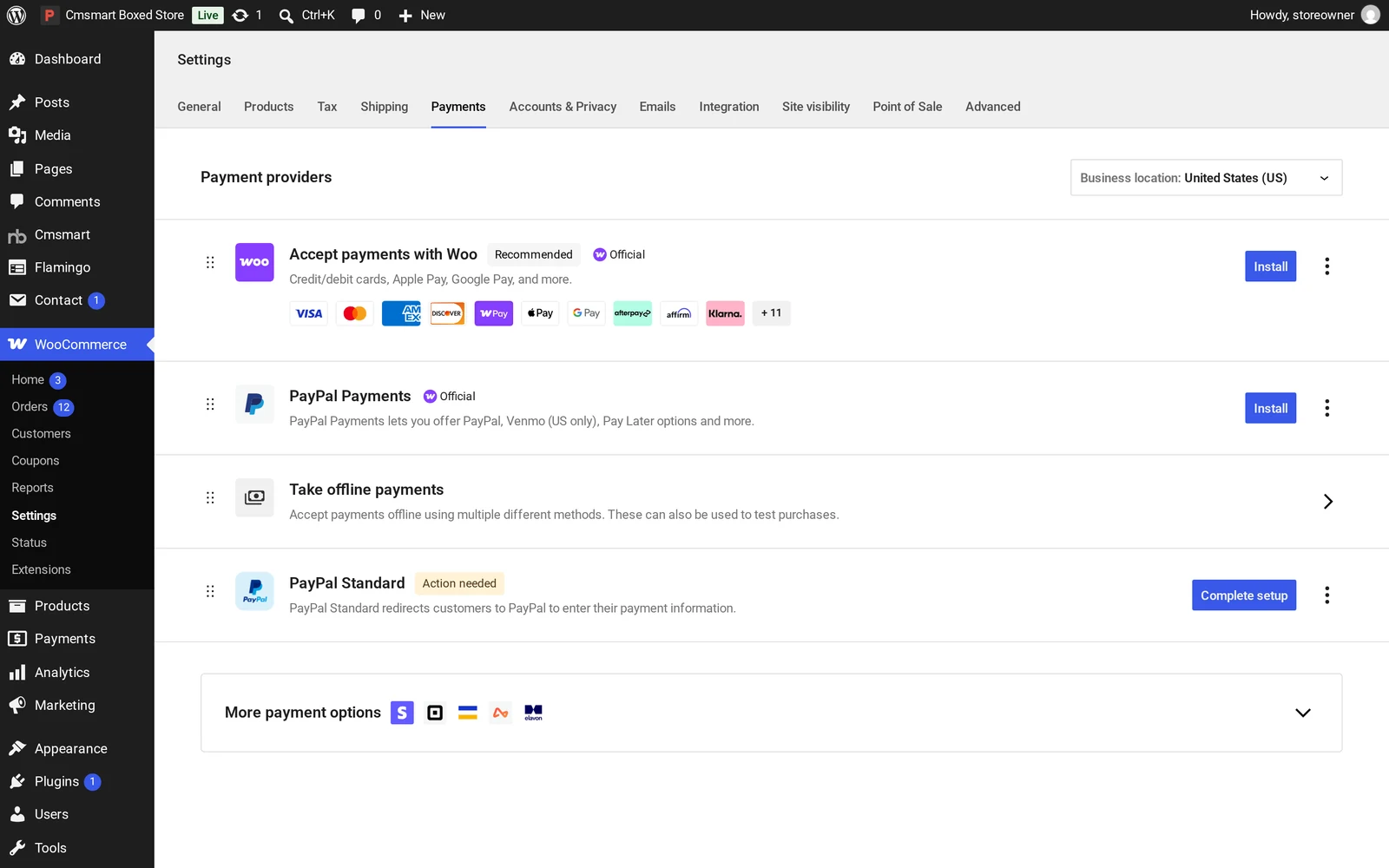 WooCommerce Payments settings listing WooCommerce Payments, PayPal and offline payment options