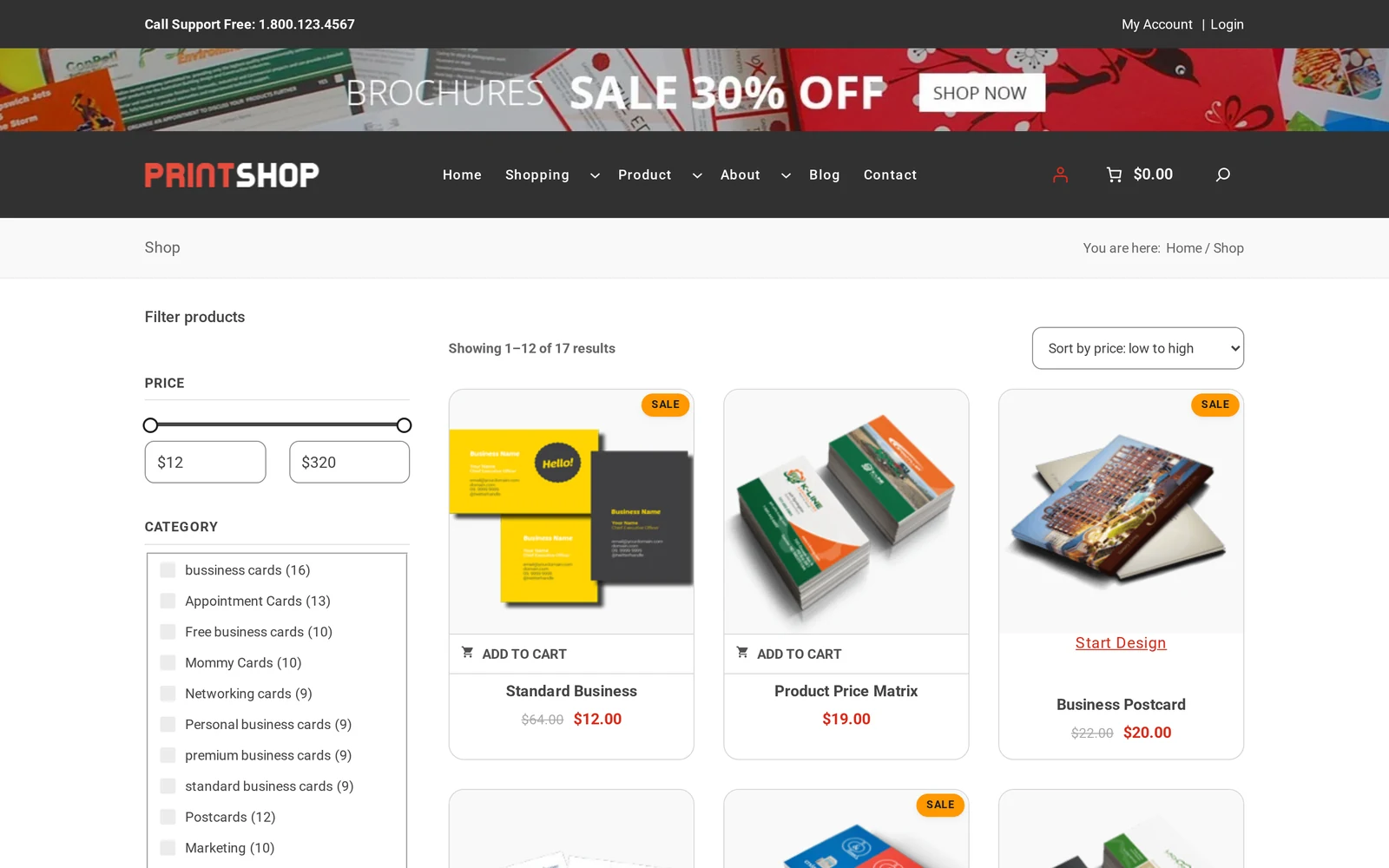 Custom packaging store WooCommerce shop page showing the sample catalogue grid on desktop