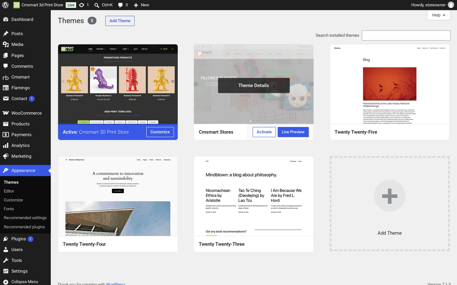WordPress Appearance Themes screen showing Cmsmart 3D Print Store active with its Cmsmart Stores parent theme installed