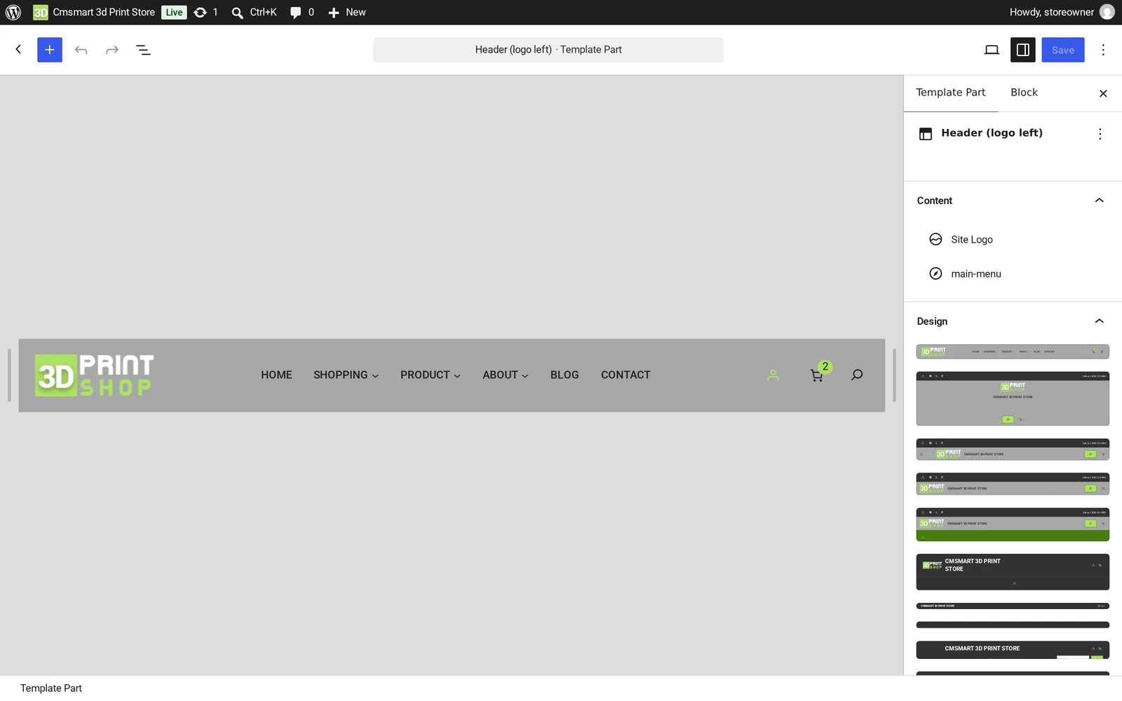 WordPress Site Editor open on the header template part of the Cmsmart 3D Print Store theme, showing the logo and main menu